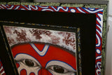 RARE UNIQUE AUTHENTIC COLORFUL FOLK ART PAINTING PANGA TRIBE WARRIOR FROM PAPUA NEW GUINEA ARTIST FRAMED IN SIGNED HAND PAINTED FRAME TO MATCH THE ART WITHIN 33” X 24 ½” DFP4 DESIGNER COLLECTOR WALL ART