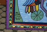 RARE UNIQUE COLORFUL  FOLK ART PAINTING FROM PAPUA NEW GUINEA ARTIST EGRET HERON CRANE LAKE WATER LILIES SIGNED  & FRAMED IN SIGNED HAND PAINTED FRAME TO MATCH THE ART DECORATOR DESIGNER COLLECTOR WALL  ART  33 1/2” by 21 1/4” HUGE DFP3