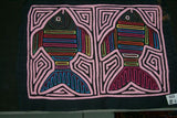 Kuna Indian Collector Mola blouse panel from Mamitopo Islands, San Blas Panama. Hand stitched Applique Folk Art: Mirror Image Fish with Maze Background 15.75" x 12.5" (75A)