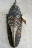 VERY RARE OLD POLYCHROME HAND CARVED MARAMBA ANCESTOR ORACLE SPIRIT MASK COLORED WITH NATURAL PIGMENTS COLLECTED ALONG SEPIK RIVER, PAPUA NEW GUINEA & ONCE USED BY MEDECINE MAN TO WARD AWAY DISEASE 3A14 DECORATOR DESIGNER COLLECTOR 25”x 8"x 5"