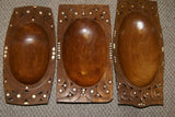 STUNNING 1 OF A KIND HAND CARVED KWILA WOOD MUSEUM MASTERPIECE SERVING PLATTER DISH BOWL WITH MOTHER OF PEARL INSERTS & DELICATE LACY BORDERS RENOWNED TRIBAL SCULPTOR TROBRIAND ISLANDS MELANESIA SOUTH PACIFIC COLLECTOR DESIGNER 2A112 17.5"x 8.5 x 2.75"