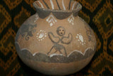 Rare 1980's Vintage Collectible Primitive Hand Crafted Vermasse Terracotta Pottery, Vessel from East Timor Island, Indonesia: Raised Relief Decorative Motifs of man & gecko colored with natural earthtone Pigments 7" x 9" (25.5" Diameter) P20