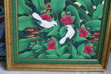 25”x 21” ORIGINAL MASTERPIECE COLORFUL  BALINESE PAINTING ON CANVAS RENOWN UBUD ARTIST RAINFOREST PARADISE WITH FOLIAGE HIBISCUS STARLING BIRDS FRAMED IN SIGNED CUSTOM FRAME HANDPAINTED TO MATCH ARTWORK DFBB1 DECORATOR DESIGNER ART COLLECTOR