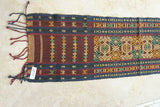 Hand woven Ceremonial Sumba Songket Hinggi Ikat long Textile Runner with Geometric Designs Made with Hand spun Cotton Dyed with Natural Pigments (SR69) colorful rust red, dark blue, green & gold decorative table runner wall hanging wrap