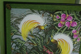 GIGANTIC 34.5”x 29” ORIGINAL DETAILED COLORFUL  BALINESE PAINTING ON CANVAS BY RENOWN UBUD ARTIST RAINFOREST PARADISE WITH FOLIAGE ORCHID FLOWERS BIRDS OF PARADISE FRAMED IN CUSTOM MATS & FRAME HAND PAINTED TO MATCH DFBB7 DESIGNER COLLECTOR MASTERPIECE