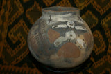 Rare 1980's Vintage Collectible Primitive Hand Crafted Vermasse Terracotta Pottery, Vessel from East Timor Island, Indonesia: 3D Raised Relief Decorative Geometric & Ancestor Motifs, colored with natural earthtone pigments 8" x 7" (22.5" Diameter) P25