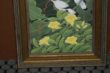 FRAMED 19”x 15.5” ORIGINAL DETAILED COLORFUL  BALINESE PAINTING ON CANVAS BY RENOWN UBUD ARTIST RAINFOREST PARADISE WITH NATURE FOLIAGE HIBISCUS STARLING BIRDS BANANA LEAVES DFBB45 DECORATOR DESIGNER ART COLLECTOR ARTWORK  MASTERPIECE