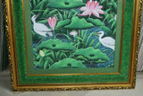 GIGANTIC 31”x 25” ORIGINAL DETAILED COLORFUL  BALINESE PAINTING ON CANVAS SIGNED BY RENOWN UBUD ARTIST RAINFOREST PARADISE WITH FOLIAGE POND LOTUS FLOWERS IBIS EGRET STARLING BIRDS FRAMED IN SIGNED CUSTOM FRAME HAND PAINTED TO MATCH DFBB12 DESIGNER ART
