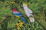 GIGANTIC 36”x 28” ORIGINAL DETAILED COLORFUL  BALINESE PAINTING ON CANVAS SIGNED BY RENOWN UBUD ARTIST RAINFOREST PARADISE WITH FOLIAGE FLOWERS ORCHID FRUIT COCKATOO BIRD FRAMED IN SIGNED CUSTOM FRAME HAND PAINTED TO MATCH  ARTWORK DFBB1 DESIGNER ART