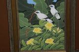FRAMED 19”x 15.5” ORIGINAL DETAILED COLORFUL  BALINESE PAINTING ON CANVAS BY RENOWN UBUD ARTIST RAINFOREST PARADISE WITH NATURE FOLIAGE HIBISCUS STARLING BIRDS BANANA LEAVES DFBB45 DECORATOR DESIGNER ART COLLECTOR ARTWORK  MASTERPIECE