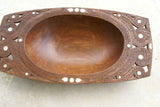 STUNNING 1 OF A KIND HAND CARVED KWILA WOOD MUSEUM MASTERPIECE SERVING PLATTER DISH BOWL WITH MOTHER OF PEARL INSERTS & DELICATE LACY BORDERS RENOWNED TRIBAL SCULPTOR TROBRIAND ISLANDS MELANESIA SOUTH PACIFIC COLLECTOR DESIGNER 2A112 17.5"x 8.5 x 2.75"