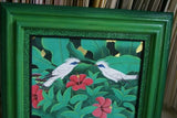 22 x 18” ORIGINAL DETAILED COLORFUL BALINESE PAINTING ON CANVAS BY RENOWN UBUD ARTIST RAINFOREST PARADISE WITH FOLIAGE HIBISCUS FLOWERS STARLING BIRDS FRAMED IN SIGNED CUSTOM FRAME HANDPAINTED TO MATCH ARTWORK DECORATOR DESIGNER ART COLLECTOR DFBB65