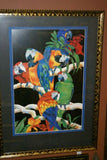 RARE 1988 BARBARA WALLACE LARGE GIGANTIC COLORFUL  & VIBRANT POSTER OF MACAW PARROTS DOUBLE MATTED IN UNIQUE SIGNED ARTIST HAND PAINTED FRAME 38"X 27” TROPICAL EXPRESSIONISM ART