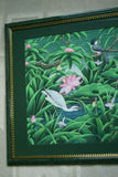 GIGANTIC 31”x 25” ORIGINAL DETAILED COLORFUL  BALINESE PAINTING ON CANVAS SIGNED BY RENOWN UBUD ARTIST RAINFOREST PARADISE WITH FOLIAGE POND LOTUS FLOWERS IBIS EGRET BIRDS FRAMED IN SIGNED CUSTOM FRAME HAND PAINTED TO MATCH  ARTWORK DFBB37 DESIGNER ART