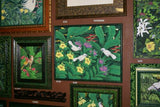 GIGANTIC 31”x 25” ORIGINAL DETAILED COLORFUL  BALINESE PAINTING ON CANVAS BY RENOWN UBUD ARTIST RAINFOREST PARADISE WITH FOLIAGE HIBISCUS FLOWERS STARLING BIRDS FRAMED IN CUSTOM FRAME HAND PAINTED TO MATCH DFBB39 DESIGNER COLLECTOR MASTERPIECE