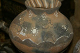 Rare 1980's Vintage Collectible Primitive Hand Crafted Vermasse Terracotta Pottery, Vessel from East Timor Island, Indonesia: Raised Relief Decorative Motifs of man & gecko colored with natural earthtone Pigments 7" x 9" (25.5" Diameter) P20