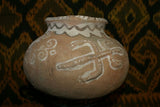 Rare 1980's Vintage Collectible Primitive Hand Crafted Vermasse Terracotta Pottery, Vessel from East Timor Island, Indonesia: 3D Raised Relief Decorative Geometric & Crocodile Motifs colored with natural earthtone Pigments 8" x 6" (22" Diameter) P41