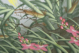 GIGANTIC 34.5”x 29” ORIGINAL DETAILED COLORFUL  BALINESE PAINTING ON CANVAS BY RENOWN UBUD ARTIST RAINFOREST PARADISE WITH FOLIAGE ORCHID FLOWERS BIRDS OF PARADISE FRAMED IN CUSTOM MATS & FRAME HAND PAINTED TO MATCH DFBB7 DESIGNER COLLECTOR MASTERPIECE
