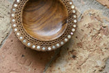 STUNNING 1 OF A KIND HAND CARVED KWILA WOOD MUSEUM MASTERPIECE SAGO PLATTER DISH BOWL WITH MOTHER OF PEARL INSERTS & DELICATE LACY INCISED BORDER BY RENOWNED TRIBAL SCULPTOR 5.25X5.25X1 TROBRIAND ISLANDS MELANESIA SOUTH PACIFIC DESIGNER COLLECTOR 2A58