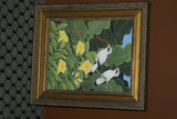 FRAMED 19”x 15.5” ORIGINAL DETAILED COLORFUL  BALINESE PAINTING ON CANVAS BY RENOWN UBUD ARTIST RAINFOREST PARADISE WITH NATURE FOLIAGE HIBISCUS STARLING BIRDS BANANA LEAVES DFBB45 DECORATOR DESIGNER ART COLLECTOR ARTWORK  MASTERPIECE