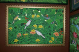 GIGANTIC 38”x 26” ORIGINAL DETAILED COLORFUL  BALINESE PAINTING ON CANVAS BY RENOWN UBUD ARTIST TROPICAL RAINFOREST WITH FOLIAGE STARLINGS BIRD OF PARADISE FLOWERS HIBISCUS FRAMED IN HAND PAINTED CUSTOM FRAME DFBB17 UNIQUE DESIGNER COLLECTOR MASTERPIECE