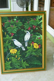 GIGANTIC 31”x 25”  ORIGINAL DETAILED COLORFUL  BALINESE PAINTING ON CANVAS SIGNED BY RENOWN UBUD ARTIST RAINFOREST PARADISE WITH FOLIAGE FRUIT HIBISCUS STARLING BIRDS FRAMED IN SIGNED CUSTOM FRAME HANDPAINTED TO MATCH  ARTWORK DFBB4 DESIGNER COLLECTOR