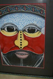 RARE UNIQUE AUTHENTIC COLORFUL FOLK ART PAINTING TRIBAL WARRIOR FROM PAPUA NEW GUINEA ARTIST FRAMED IN SIGNED HAND PAINTED FRAME TO MATCH THE ART WITHIN 29 1/4” X 23 3/4” DFP7 DESIGNER COLLECTOR WALL ART
