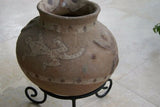 Rare 1980's Vintage Primitive Hand Crafted Vermasse Terracotta Pottery, Vessel from East Timor, Indonesia: Raised Decorative Motifs of man & gecko & natural earthtone Pigments 8" x 9" (28" Diameter) P26