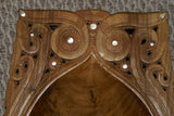 21"x9.5"x 4” STUNNING 1 OF A KIND HAND CARVED KWILA WOOD MUSEUM MASTERPIECE SAGO PLATTER DISH BOWL WITH ROUND  MOTHER OF PEARL INSERTS & DELICATE LACY INCISED BORDERS BY RENOWNED TRIBAL SCULPTOR TROBRIAND ISLANDS MELANESIA SOUTH PACIFIC COLLECTOR 2A108