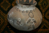 Rare 1980's Vintage Collectible Primitive Hand Crafted Vermasse Terracotta Pottery, Vessel from East Timor Island, Indonesia: 3D Raised Relief Decorative Geometric Motifs colored with natural earthtone Pigments 8.5" x 6.25" (23.5" Diameter) P21