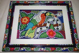 Kuna Indian Folk Art Mola from San Blas Islands, Panama. Hand stitched Textile Applique: Orange Humming Bird / Hummer Bird & Hibiscus Flower 14" x 13 " (224)