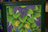 GIGANTIC 31”x 25” ORIGINAL DETAILED COLORFUL  BALINESE PAINTING ON CANVAS BY RENOWN UBUD ARTIST RAINFOREST PARADISE WITH FOLIAGE BIRDS FRUIT FRAMED IN CUSTOM FRAME HAND PAINTED TO MATCH DFBB40 DESIGNER DECORATOR WALL DÉCOR COLLECTOR ARTWORK MASTERPIECE