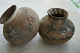 1980 Primitive Hand Crafted Vermasse Terracotta Pottery, Vessel from East Timor Island, Indonesia: 3D Raised Relief Decorative Motifs of man & gecko colored with natural earthtone Pigments 9" x 8" (28" Diameter) P29A