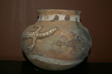 Rare 1980's Vintage Collectible Primitive Hand Crafted Vermasse Terracotta Pottery, Vessel from East Timor Island, Indonesia: 3D Raised Relief Gecko Motifs  & Decorative Geometrics colored with natural earthtone pigments 8.5" x 6.5" (23" Diameter) P33