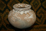 Rare 1980's Vintage Collectible Primitive Hand Crafted Vermasse Terracotta Pottery, Vessel from East Timor Island, Indonesia: 3D Raised Relief Decorative Geometric & Crocodile Motifs colored with natural earthtone Pigments 8" x 6" (22" Diameter) P41