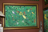 GIGANTIC 44”x 31” ORIGINAL DETAILED COLORFUL BALINESE PAINTING ON CANVAS BY RENOWN UBUD ARTIST RAINFOREST WITH FOLIAGE TROPICAL BIRDS PARROT BIRD OF PARADISE PLANTS HIBISCUS FRAMED IN HAND PAINTED CUSTOM FRAME DFBB9 DESIGNER ARTWORK MASTERPIECE WALL ART