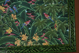 GIGANTIC 43”x 31”  ORIGINAL DETAILED COLORFUL BALINESE PAINTING ON CANVAS SIGNED BY RENOWN UBUD ARTIST RAINFOREST PARADISE WITH FOLIAGE FLOWERS HIBISCUS PARROTS  BIRDS FRAMED IN SIGNED CUSTOM FRAME HANDPAINTED TO MATCH  ARTWORK DFBB19 DESIGNER ART