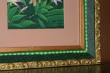 18”x 15” ORIGINAL DETAILED COLORFUL  BALINESE PAINTING ON CANVAS BY RENOWN UBUD ARTIST RAINFOREST PARADISE WITH FOLIAGE HIBISCUS FLOWERS BIRDS FRAMED IN SIGNED CUSTOM FRAME HANDPAINTED TO MATCH ARTWORK DECORATOR DESIGNER ART COLLECTOR MASTERPIECE DFBB58