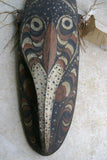 VERY RARE OLD POLYCHROME HAND CARVED MARAMBA ANCESTOR ORACLE SPIRIT MASK COLORED WITH NATURAL PIGMENTS COLLECTED ALONG SEPIK RIVER, PAPUA NEW GUINEA & ONCE USED BY MEDECINE MAN TO WARD AWAY DISEASE 3A14 DECORATOR DESIGNER COLLECTOR 25”x 8"x 5"