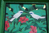 22 x 18” ORIGINAL DETAILED COLORFUL BALINESE PAINTING ON CANVAS BY RENOWN UBUD ARTIST RAINFOREST PARADISE WITH FOLIAGE HIBISCUS FLOWERS STARLING BIRDS FRAMED IN SIGNED CUSTOM FRAME HANDPAINTED TO MATCH ARTWORK DECORATOR DESIGNER ART COLLECTOR DFBB65