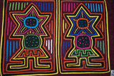 Kuna Indian Folk Art Mola blouse panel from San Blas Islands, Panama. Hand stitched Reverse Applique: Mirror Image Revered Albino Girls Represented as Special Stars 17" x 12.25" (37A)