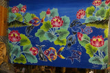HIGH QUALITY HAND PAINTED FABRIC TEXTILE SARONG, SIGNED BY THE ARTIST. VIBRANT COLORS, DEEP BLUE BACKGROUND & DETAILED MULTICOLOR MOTIFS OF FISH AND LOTUS FLOWERS no 26A, 70” x 48”