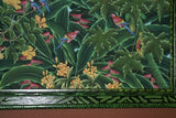 GIGANTIC 43”x 31”  ORIGINAL DETAILED COLORFUL BALINESE PAINTING ON CANVAS SIGNED BY RENOWN UBUD ARTIST RAINFOREST PARADISE WITH FOLIAGE FLOWERS HIBISCUS PARROTS  BIRDS FRAMED IN SIGNED CUSTOM FRAME HANDPAINTED TO MATCH  ARTWORK DFBB19 DESIGNER ART