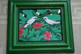 22 x 18” ORIGINAL DETAILED COLORFUL BALINESE PAINTING ON CANVAS BY RENOWN UBUD ARTIST RAINFOREST PARADISE WITH FOLIAGE HIBISCUS FLOWERS STARLING BIRDS FRAMED IN SIGNED CUSTOM FRAME HANDPAINTED TO MATCH ARTWORK DECORATOR DESIGNER ART COLLECTOR DFBB65