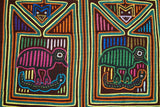 Kuna Indian Folk Art Mola blouse panel from San Blas Islands, Panama. Hand stitched Applique: Mirror Image of Birds Hunting Snake, while Spying Devils Observe 17" X 13" (60A)