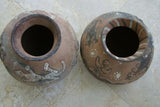 1980 Primitive Hand Crafted Vermasse Terracotta Pottery, Vessel from East Timor Island, Indonesia: 3D Raised Relief Decorative Motifs of man & gecko colored with natural earthtone Pigments 9" x 8" (28" Diameter) P29A