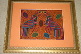 Kuna Indian Abstract Mola blouse panel from San Blas Island Panama celebrating Cinquo de mayo. Minute Hand stitched Applique Art: Labyrinth Maze Panel Spoonbill 16.5" x 13.5"  (77B)