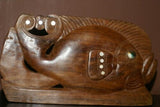 Rare South Pacific Island Primitive Art Mother Pearl Hand carved Wood Fish 1A19