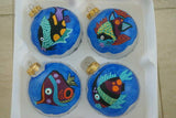 Unique cute Cabin, cabana or Home  Décor: 2 Large Glass Ball Ornament  with Beach Palm Trees Ocean Island Motif delicately Hand painted  & Signed by  Florida artist