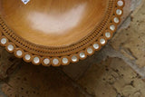 STUNNING 1 OF A KIND HAND CARVED KWILA WOOD MUSEUM MASTERPIECE LIME PLATTER DISH BOWL WITH MOTHER OF PEARL INSERTS & DELICATE LACY INCISED BORDER BY RENOWNED TRIBAL SCULPTOR 10.5X10.5X 3” TROBRIAND ISLANDS MELANESIA SOUTH PACIFIC DESIGNER COLLECTOR 2A48